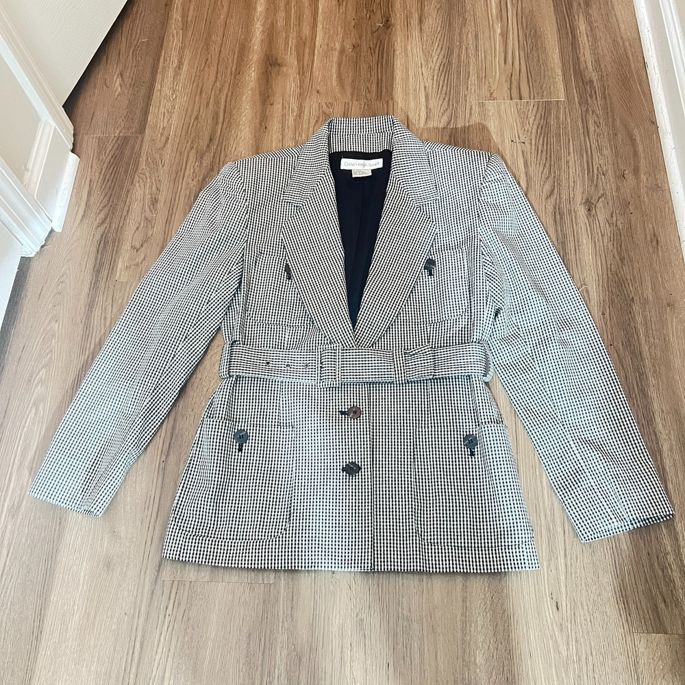 Calvin Klein Sport Size 8 Micro Houndstooth Belted Blazer Jacket Black White